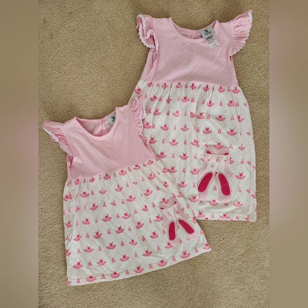 Smocked Polkadot dresses with ballet shoe appliqués, sizes 3 and 5.